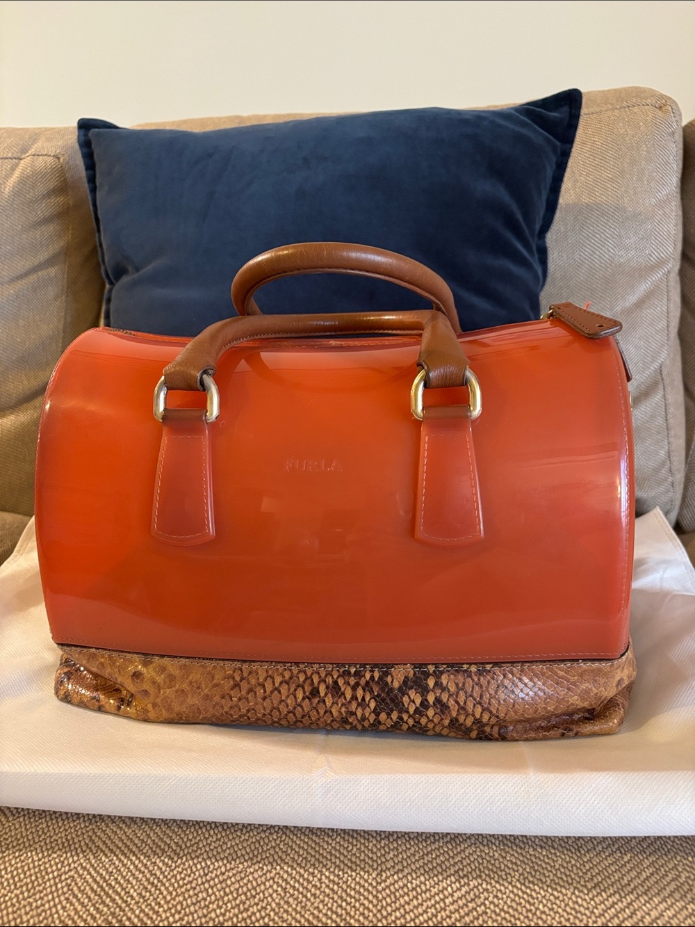 Furla Candy Satchel — Orange with Brown Snake-Print Base